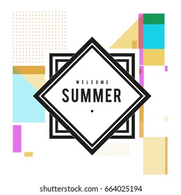 Trendy vector summer cards illustration with elements and abstract colorful textures. Design for holiday vacation poster, card, brochure, and promotion template. Fashion art print and background.