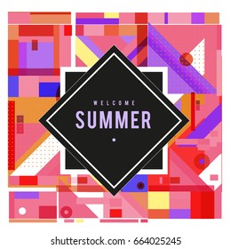 Trendy vector summer cards illustration with elements and abstract colorful textures. Design for holiday vacation poster, card, brochure, and promotion template. Fashion art print and background.