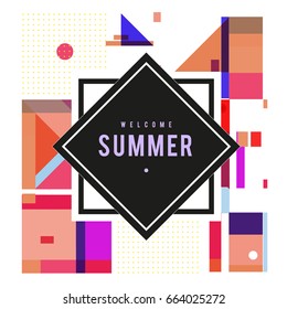 Trendy vector summer cards illustration with elements and abstract colorful textures. Design for holiday vacation poster, card, brochure, and promotion template. Fashion art print and background.