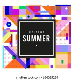Trendy vector summer cards illustration with elements and abstract colorful textures. Design for holiday vacation poster, card, brochure, and promotion template. Fashion art print and background.