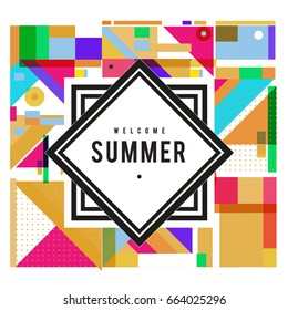 Trendy vector summer cards illustration with elements and abstract colorful textures. Design for holiday vacation poster, card, brochure, and promotion template. Fashion art print and background.
