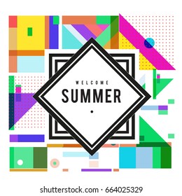 Trendy vector summer cards illustration with elements and abstract colorful textures. Design for holiday vacation poster, card, brochure, and promotion template. Fashion art print and background.