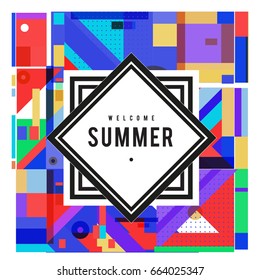 Trendy vector summer cards illustration with elements and abstract colorful textures. Design for holiday vacation poster, card, brochure, and promotion template. Fashion art print and background.