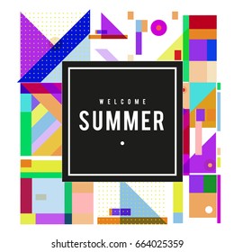 Trendy vector summer cards illustration with elements and abstract colorful textures. Design for holiday vacation poster, card, brochure, and promotion template. Fashion art print and background.