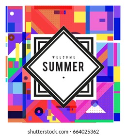 Trendy vector summer cards illustration with elements and abstract colorful textures. Design for holiday vacation poster, card, brochure, and promotion template. Fashion art print and background.