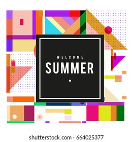 Trendy vector summer cards illustration with elements and abstract colorful textures. Design for holiday vacation poster, card, brochure, and promotion template. Fashion art print and background.