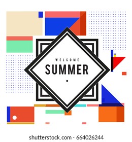 Trendy vector summer cards illustration with elements and abstract colorful textures. Design for holiday vacation poster, card, brochure, and promotion template. Fashion art print and background.