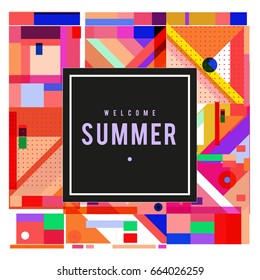 Trendy vector summer cards illustration with elements and abstract colorful textures. Design for holiday vacation poster, card, brochure, and promotion template. Fashion art print and background.