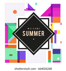Trendy vector summer cards illustration with elements and abstract colorful textures. Design for holiday vacation poster, card, brochure, and promotion template. Fashion art print and background.