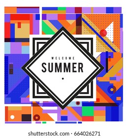 Trendy vector summer cards illustration with elements and abstract colorful textures. Design for holiday vacation poster, card, brochure, and promotion template. Fashion art print and background.