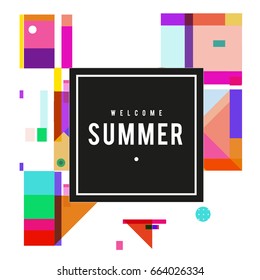 Trendy vector summer cards illustration with elements and abstract colorful textures. Design for holiday vacation poster, card, brochure, and promotion template. Fashion art print and background.