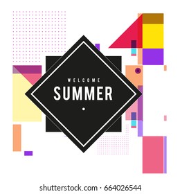 Trendy vector summer cards illustration with elements and abstract colorful textures. Design for holiday vacation poster, card, brochure, and promotion template. Fashion art print and background.