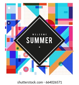 Trendy vector summer cards illustration with elements and abstract colorful textures. Design for holiday vacation poster, card, brochure, and promotion template. Fashion art print and background.