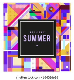Trendy vector summer cards illustration with elements and abstract colorful textures. Design for holiday vacation poster, card, brochure, and promotion template. Fashion art print and background.