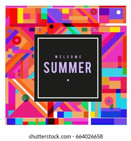 Trendy vector summer cards illustration with elements and abstract colorful textures. Design for holiday vacation poster, card, brochure, and promotion template. Fashion art print and background.