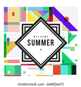 Trendy vector summer cards illustration with elements and abstract colorful textures. Design for holiday vacation poster, card, brochure, and promotion template. Fashion art print and background.
