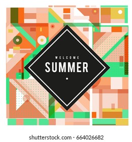 Trendy vector summer cards illustration with elements and abstract colorful textures. Design for holiday vacation poster, card, brochure, and promotion template. Fashion art print and background.