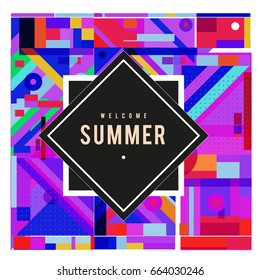 Trendy vector summer cards illustration with elements and abstract colorful textures. Design for holiday vacation poster, card, brochure, and promotion template. Fashion art print and background.