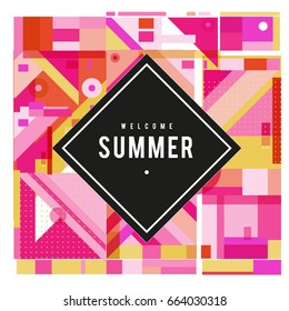 Trendy vector summer cards illustration with elements and abstract colorful textures. Design for holiday vacation poster, card, brochure, and promotion template. Fashion art print and background.