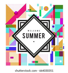 Trendy vector summer cards illustration with elements and abstract colorful textures. Design for holiday vacation poster, card, brochure, and promotion template. Fashion art print and background.