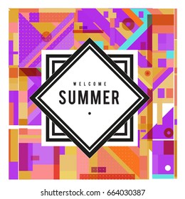 Trendy vector summer cards illustration with elements and abstract colorful textures. Design for holiday vacation poster, card, brochure, and promotion template. Fashion art print and background.