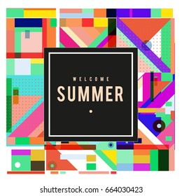 Trendy vector summer cards illustration with elements and abstract colorful textures. Design for holiday vacation poster, card, brochure, and promotion template. Fashion art print and background.