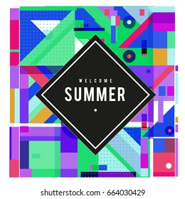Trendy vector summer cards illustration with elements and abstract colorful textures. Design for holiday vacation poster, card, brochure, and promotion template. Fashion art print and background.