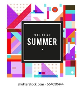 Trendy vector summer cards illustration with elements and abstract colorful textures. Design for holiday vacation poster, card, brochure, and promotion template. Fashion art print and background.