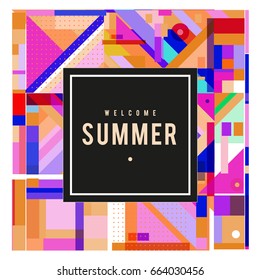 Trendy vector summer cards illustration with elements and abstract colorful textures. Design for holiday vacation poster, card, brochure, and promotion template. Fashion art print and background.