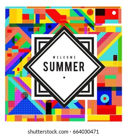 Trendy vector summer cards illustration with elements and abstract colorful textures. Design for holiday vacation poster, card, brochure, and promotion template. Fashion art print and background.