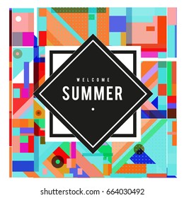 Trendy vector summer cards illustration with elements and abstract colorful textures. Design for holiday vacation poster, card, brochure, and promotion template. Fashion art print and background.
