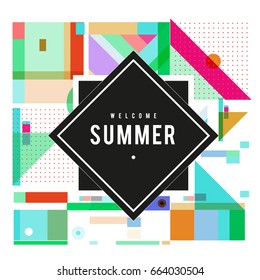 Trendy vector summer cards illustration with elements and abstract colorful textures. Design for holiday vacation poster, card, brochure, and promotion template. Fashion art print and background.