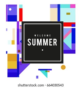 Trendy vector summer cards illustration with elements and abstract colorful textures. Design for holiday vacation poster, card, brochure, and promotion template. Fashion art print and background.
