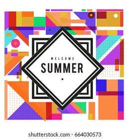 Trendy vector summer cards illustration with elements and abstract colorful textures. Design for holiday vacation poster, card, brochure, and promotion template. Fashion art print and background.