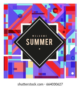 Trendy vector summer cards illustration with elements and abstract colorful textures. Design for holiday vacation poster, card, brochure, and promotion template. Fashion art print and background.
