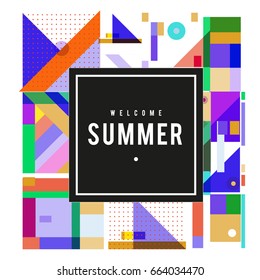 Trendy vector summer cards illustration with elements and abstract colorful textures. Design for holiday vacation poster, card, brochure, and promotion template. Fashion art print and background.