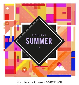 Trendy vector summer cards illustration with elements and abstract colorful textures. Design for holiday vacation poster, card, brochure, and promotion template. Fashion art print and background.