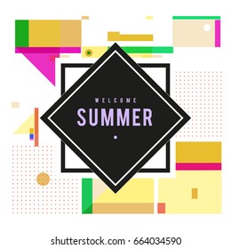 Trendy vector summer cards illustration with elements and abstract colorful textures. Design for holiday vacation poster, card, brochure, and promotion template. Fashion art print and background.