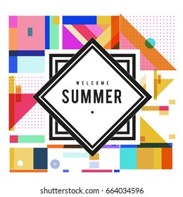 Trendy vector summer cards illustration with elements and abstract colorful textures. Design for holiday vacation poster, card, brochure, and promotion template. Fashion art print and background.