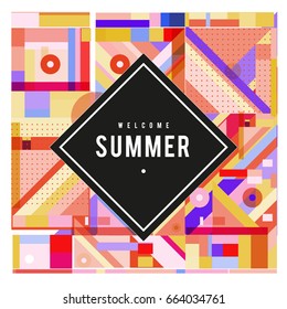 Trendy vector summer cards illustration with elements and abstract colorful textures. Design for holiday vacation poster, card, brochure, and promotion template. Fashion art print and background.