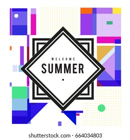Trendy vector summer cards illustration with elements and abstract colorful textures. Design for holiday vacation poster, card, brochure, and promotion template. Fashion art print and background.