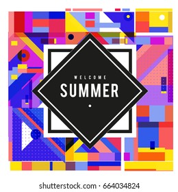 Trendy vector summer cards illustration with elements and abstract colorful textures. Design for holiday vacation poster, card, brochure, and promotion template. Fashion art print and background.