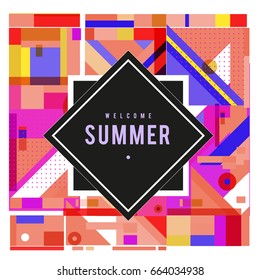 Trendy vector summer cards illustration with elements and abstract colorful textures. Design for holiday vacation poster, card, brochure, and promotion template. Fashion art print and background.