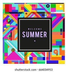 Trendy vector summer cards illustration with elements and abstract colorful textures. Design for holiday vacation poster, card, brochure, and promotion template. Fashion art print and background.