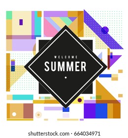 Trendy vector summer cards illustration with elements and abstract colorful textures. Design for holiday vacation poster, card, brochure, and promotion template. Fashion art print and background.