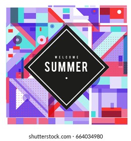 Trendy vector summer cards illustration with elements and abstract colorful textures. Design for holiday vacation poster, card, brochure, and promotion template. Fashion art print and background.
