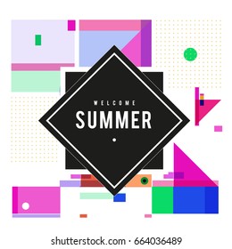 Trendy vector summer cards illustration with elements and abstract colorful textures. Design for holiday vacation poster, card, brochure, and promotion template. Fashion art print and background.