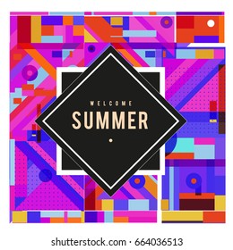 Trendy vector summer cards illustration with elements and abstract colorful textures. Design for holiday vacation poster, card, brochure, and promotion template. Fashion art print and background.