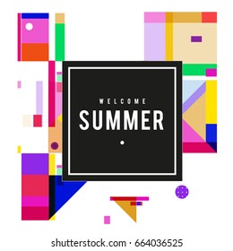 Trendy vector summer cards illustration with elements and abstract colorful textures. Design for holiday vacation poster, card, brochure, and promotion template. Fashion art print and background.