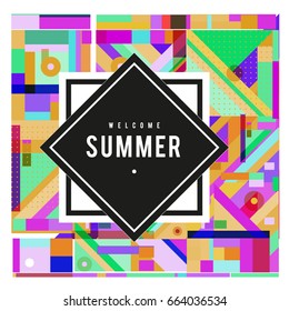 Trendy vector summer cards illustration with elements and abstract colorful textures. Design for holiday vacation poster, card, brochure, and promotion template. Fashion art print and background.